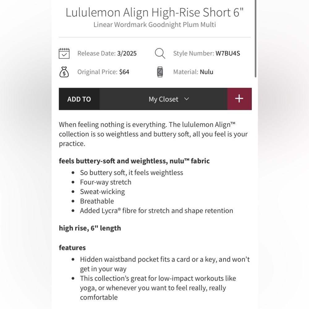 Lululemon NWT Align High Rise Shorts 6”   Workmark Graphic Midnight Plum Size 4 - Picture 9 of 10